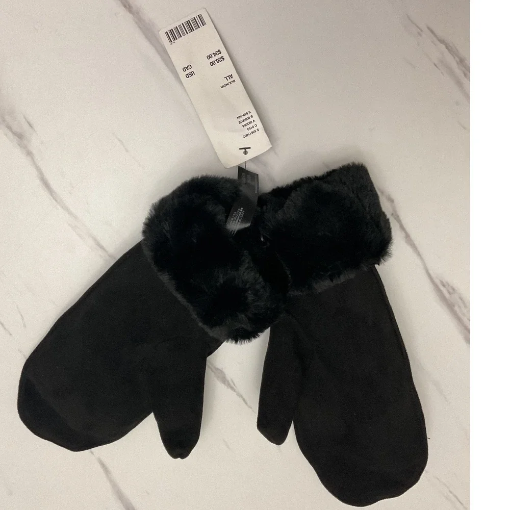 Urban Outfitters Black Faux Suede Mittens with Faux Fur Trim One Size‎ NWT